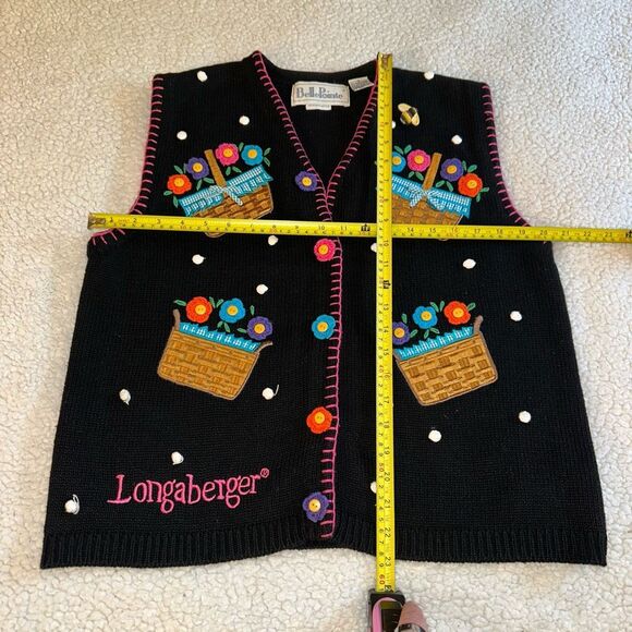Longaberger BellePoint Vintage Small Black Pink Flower Basket Sweater Vest EUC - Picture 8 of 10